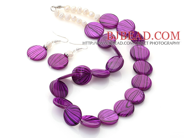 Fashion White Freshwater Pearl And Purple Round Disc Painted Shell Sets (Necklace With Matched Earrings)
