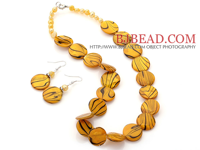 Fashion Yellow Series Freshwater Pearl And Round Disc Painted Shell Sets (Necklace With Matched Earrings)