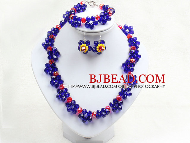 Fancy Style Blue Red Colored Crystal Flower Jewelry Set (Necklace With Mathced Bracelet And Earrings)