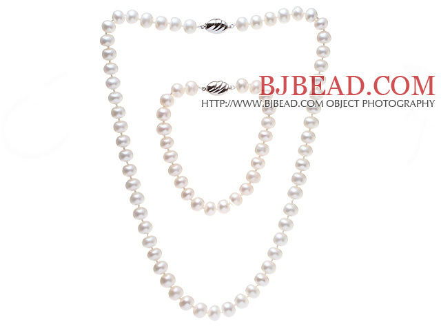 Fashion 8-9mm Natural White Freshwater Pearl Beaded Jewelry Sets (Necklace With Matched Bracelet, No Box)