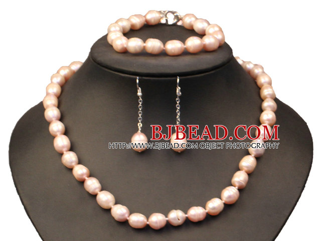 Graceful Mother Gift 9-10mm Natural Purple Freshwater Pearl Jewelry Set (Necklace, Bracelet & Earrings)