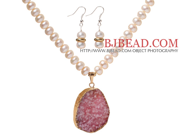 Fashion Natural White Freshwater Pearl Beaded Sets (Golden Wired-Wrap Crystallized Agate Pendant Necklace With Matched Earrings)