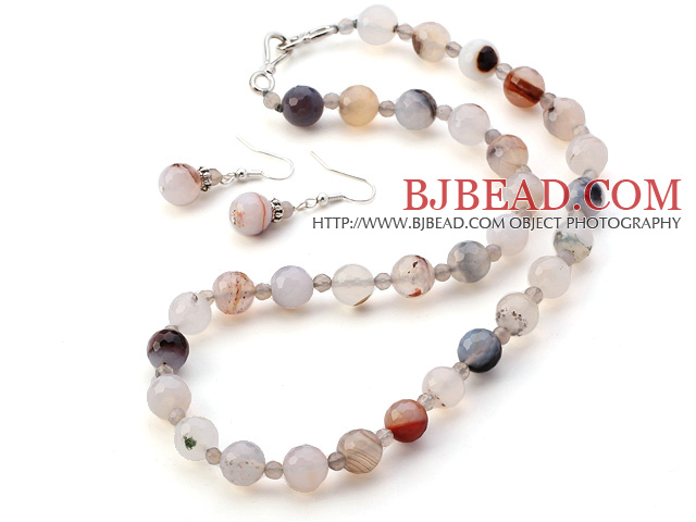 Fashion Faceted Round Banded Gray Agate Jewelry Sets (Necklace With Matched Earrings)