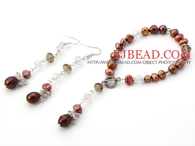 Fashion Multi Golden Brown Freshwater Pearl And Crystal Sets (Pendant Bracelet With Matched Earrings)