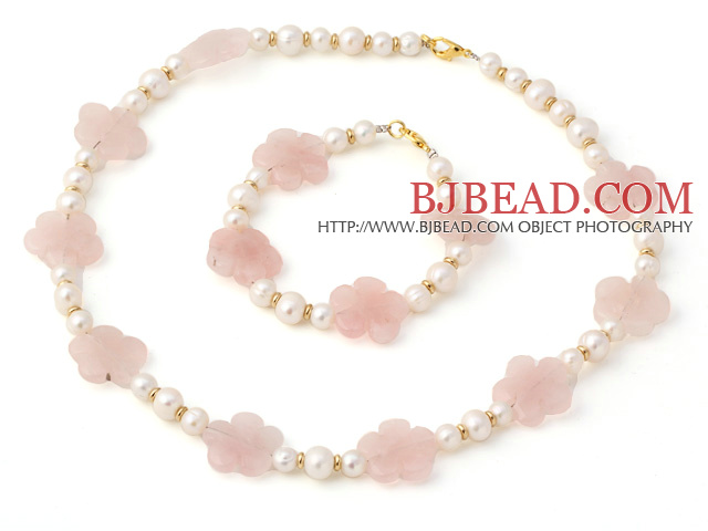 Fashion Natural White Freshwater Pearl And Rose Quartz Flower Necklace Bracelet Sets
