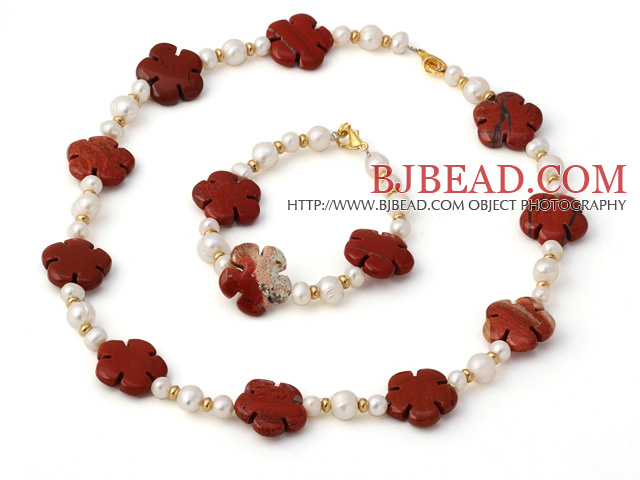 Fashion Natural White Freshwater Pearl And Red Marble Flower Necklace Bracelet Sets