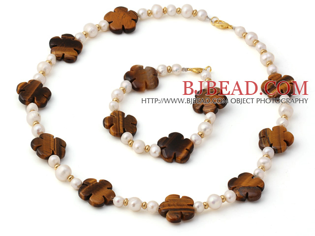 Fashion Natural White Freshwater Pearl And Tiger Eye Flower Sets (Necklace With Matched Bracelet)