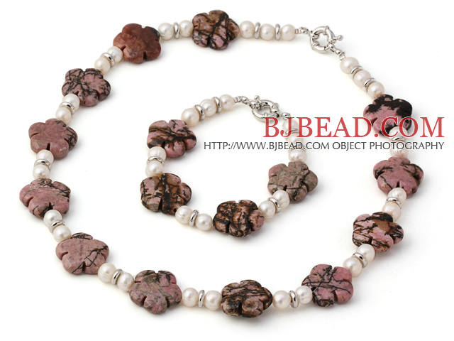 Fashion Natural White Freshwater Pearl And Rhodonite Flower Sets (Necklace With Matched Bracelet)