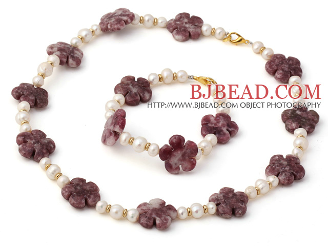 Nice Natural White Freshwater Pearl And Purple Jade Flower Sets (Necklace With Matched Bracelet)