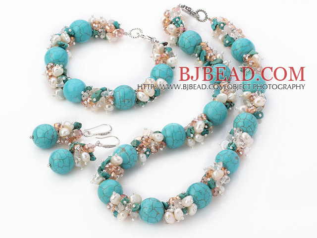 Popular Cluster Freshwater Pearl Crystal Chipped And Round Turquoise Sets (Necklace Bracelet With Matched Earrings)