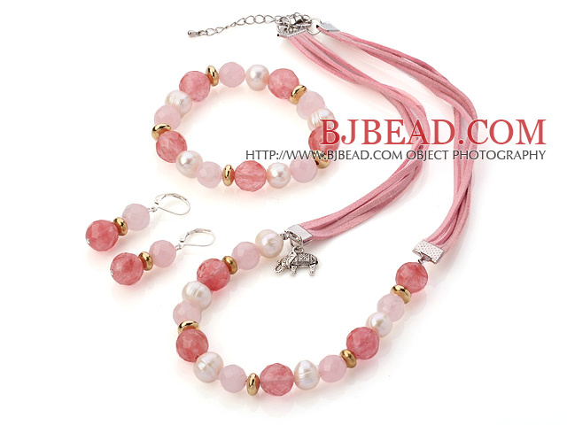 Fashion White Freshwater Pearl And Faceted Rose Cherry Quartz Sets (Necklace Bracelet With Matched Earrings)