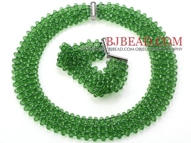 Popular Multi Strands Handmade Apple Green Crystal Sets (Netted Necklace With Matched Bracelet)