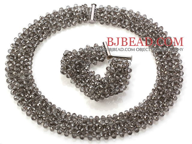 Popular Multi Strands Handmade Blackish Grey Crystal Sets (Netted Necklace With Matched Bracelet)