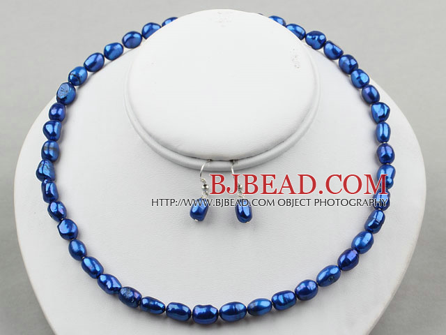 8-9mm Dark Blue Color Baroque Pearl Set ( Necklace and Matched Earrings )