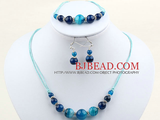 Simple Style Round Blue Agate Set ( Necklace Bracelet and Matched Earrings )