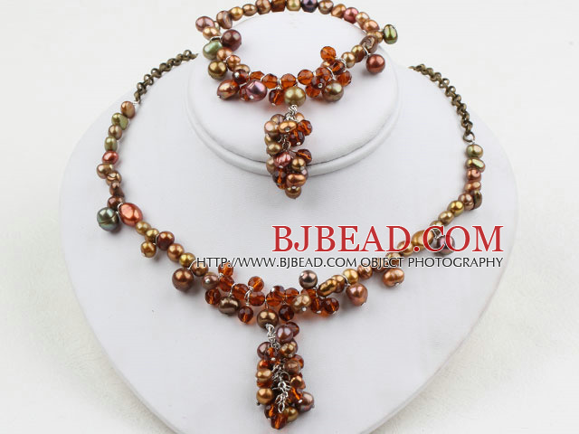 Brown Series Brown Freshwater Pearl Crystal Set ( Necklace and Matched Bracelet )