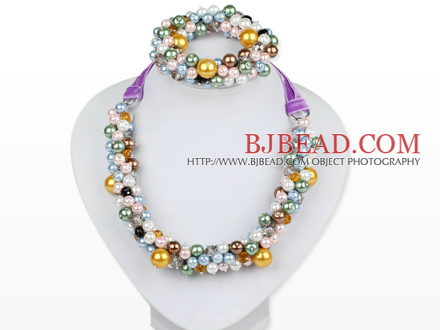 Assorted Multi Color Round Seashell and Crystal Beaded Set ( Necklace and Matched Stretch Bracelet )