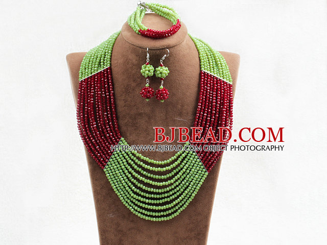 Charming 10 Layers Red & Green Crystal Beads Costume African Wedding Jewelry Set (Necklace With Mathced Bracelet And Earrings)