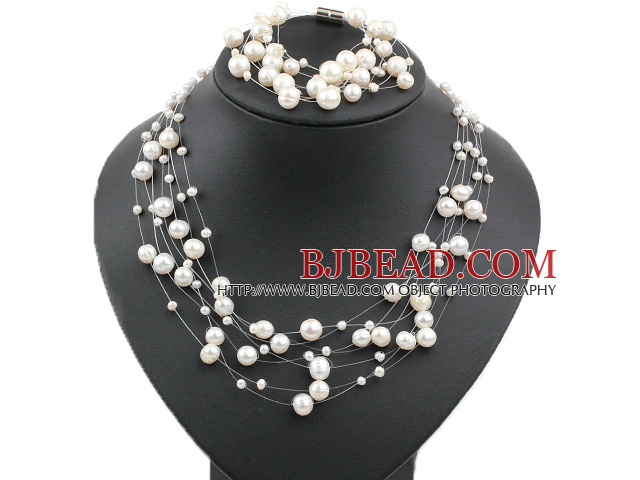 Multi Strands White Freshwater Pearl Set ( Necklace and Matched Bracelet )