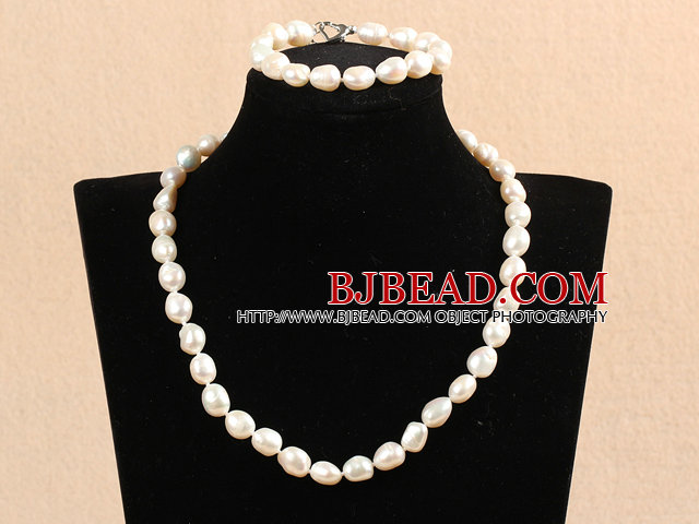 Fashion Mother Gift 9-10mm Natural White Baroque Pearl Jewelry Set With Heart Clasp(Necklace & Bracelet)