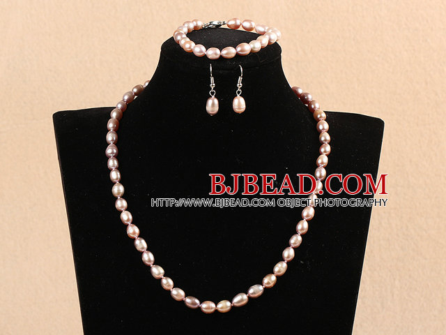 Fashion Mother Gift 7-8mm Natural Purple Rice Pearl Jewelry Set With Heart Clasp(Necklace, Bracelet & Earrings)
