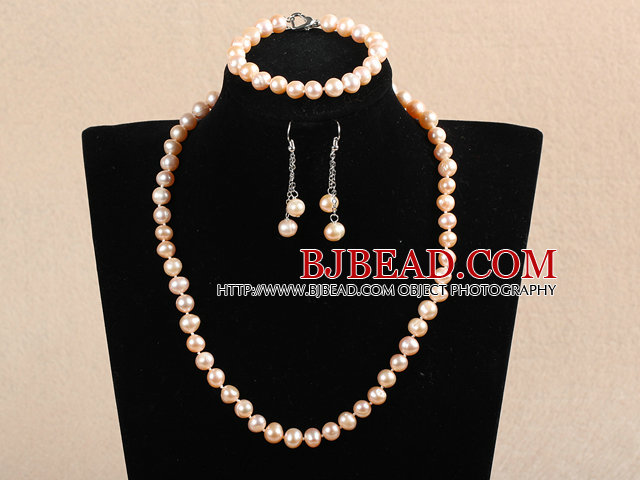 Fashion Mother Gift 8-9mm Natural Pink Freshwater Pearl Jewelry Set (Necklace, Bracelet & Earrings)
