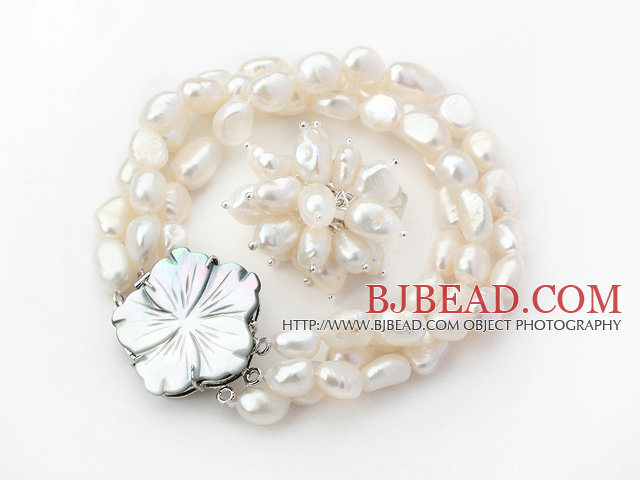 8-9mm White Baroque Freshwater Pearl Set with Shell Flower Clasp ( Strands Bracelet and Ring)