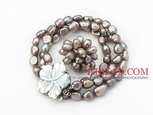 8-9mm Dark Gray Baroque Freshwater Pearl Set with Shell Flower Clasp ( Strands Bracelet and Ring)