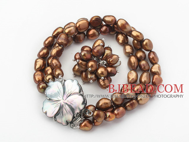 8-9mm Brown Baroque Freshwater Pearl Set with Shell Flower Clasp ( Strands Bracelet and Ring)