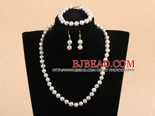 Fashion Mother Gift 8-9mm Natural Gray Freshwater Pearl Jewelry Set (Necklace, Bracelet & Earrings)