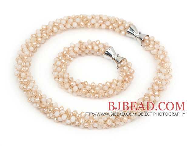 Gray and Baby Pink Series Gray Jade Tube Shape Woven Set ( Necklace and Matched Bracelet)