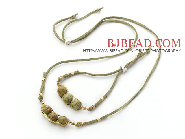 Green Series Wire Wrapped Imperial Jasper Pea Pendant Set with Green Leather ( Necklace and Matched Bracelet)