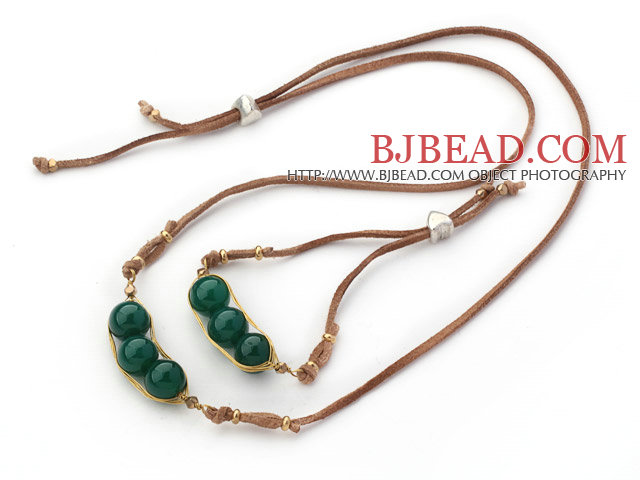 Green Series Wire Wrapped Dark Green Agate Pea Pendant Set with Brown Leather ( Necklace and Matched Bracelet)