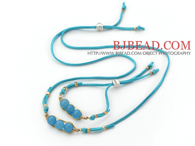 Blue Series Wire Wrapped Blue Jade Pea Pendant Set with Blue Leather( Necklace and Matched Bracelet )