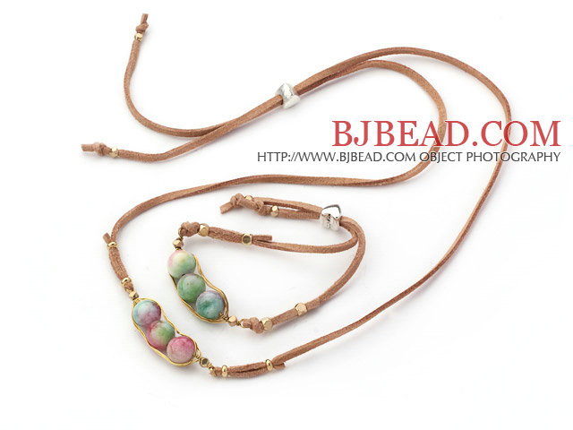 Wire Wrapped Watermelon Jasper Pea Pendant Set with Brown Leather ( Necklace and Matched Bracelet)
