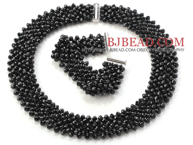 Popular Multi Strands Handmade Black Crystal Sets (Netted Necklace With Matched Bracelet)