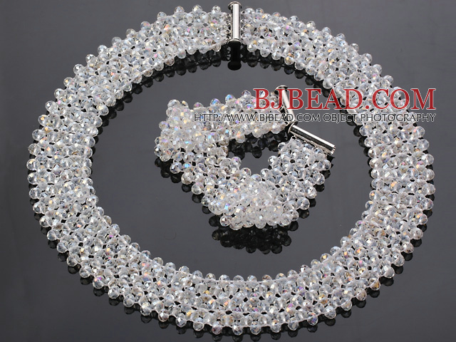 Fashion Multi Strands White AB Color Manmade Crystal Sets (Netted Necklace With Matched Bracelet)