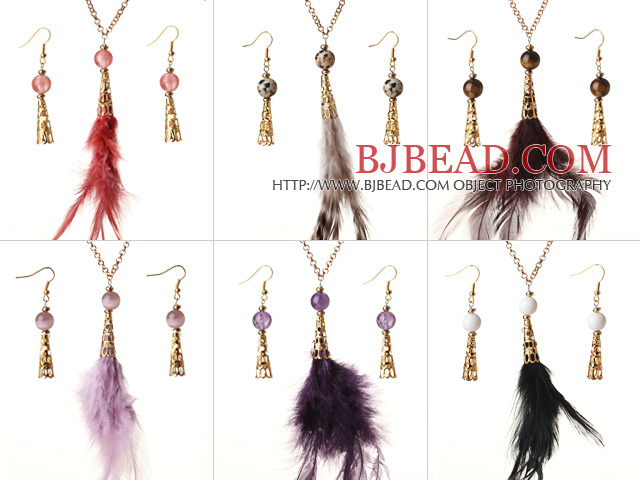 6 Sets New Fashion Style Multi Color Crystal Feather Pendant Necklace with Matched Earrings