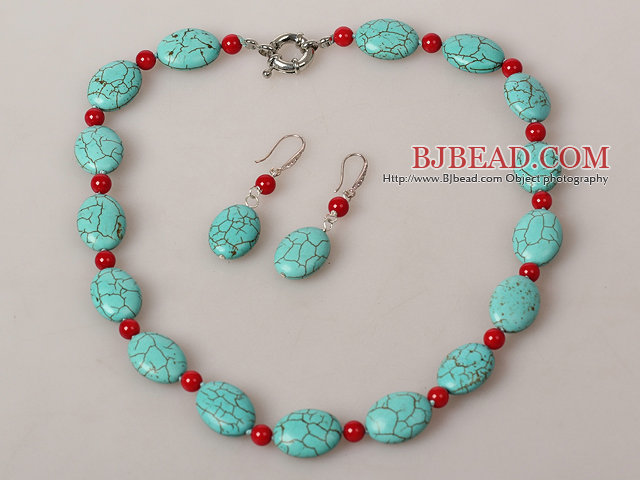 Oval Shape Turquoise and Coral Jewelry Sets ( Necklace and Matched Earrings )