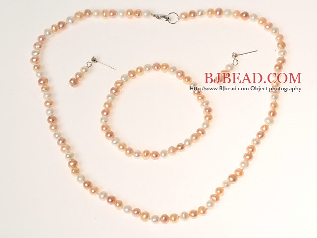 Classic Design White and Pink and Purple Pearl Beaded Jewelry Sets ( Necklace Bracelet and Studs)