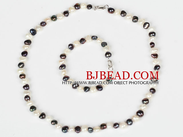 6-7mm White and Black Freshwater Pearl Set ( Necklace and Matched Bracelet )