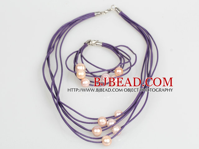 10-11mm Pink Freshwater Pearl and Purple Leather Necklace Bracelet Set
