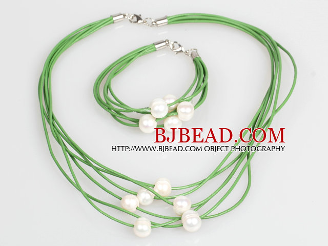 10-11mm White Freshwater Pearl and Green Leather Necklace Bracelet Set