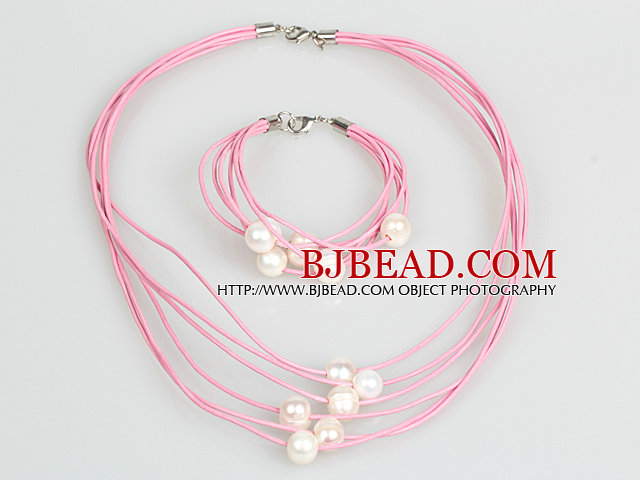 10-11mm White Freshwater Pearl and Pink Leather Necklace Bracelet Set