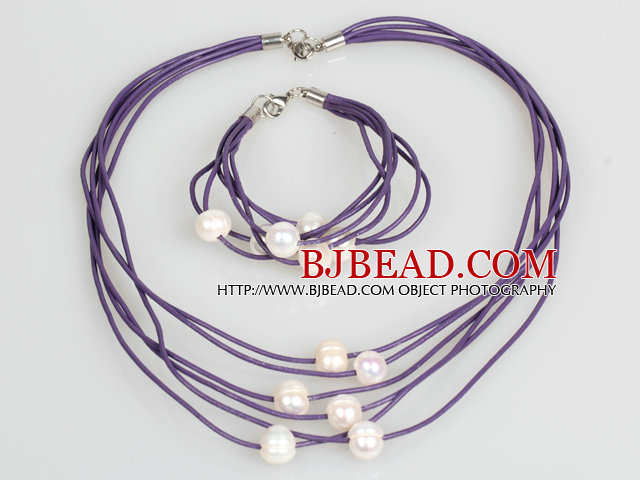 10-11mm White Freshwater Pearl and Purple Leather Necklace Bracelet Set
