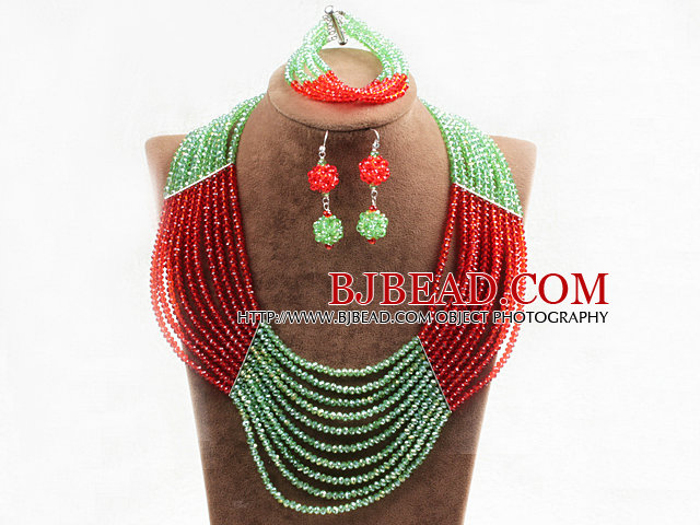 Charming 10 Layers Bright Red Green Crystal Beads Costume African Wedding Jewelry Set (Necklace With Mathced Bracelet And Earrings)