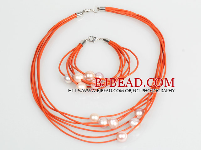 10-11mm Purple Freshwater Pearl and Orange Leather Necklace Bracelet Set