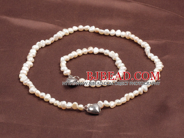 Fashion 6-7mm Natural White Freshwater Pearl Heart Pendant Jewelry Set(Necklace With Matched Bracelet)