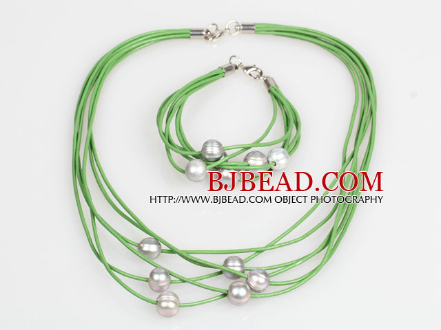 10-11mm Gray Freshwater Pearl and Pink Leather Necklace Bracelet Set