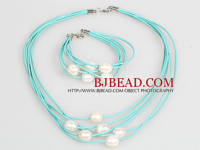 10-11mm White Freshwater Pearl and Blue Leather Necklace Bracelet Set